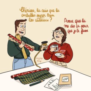 Illustration humoristique de couple qui emballe ses cadeaux de Noël