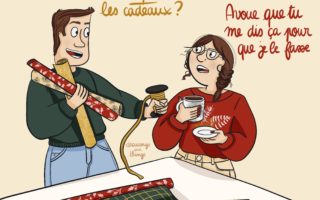 Illustration humoristique de couple qui emballe ses cadeaux de Noël