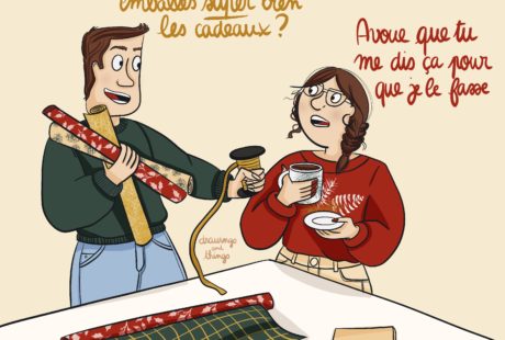 Illustration humoristique de couple qui emballe ses cadeaux de Noël